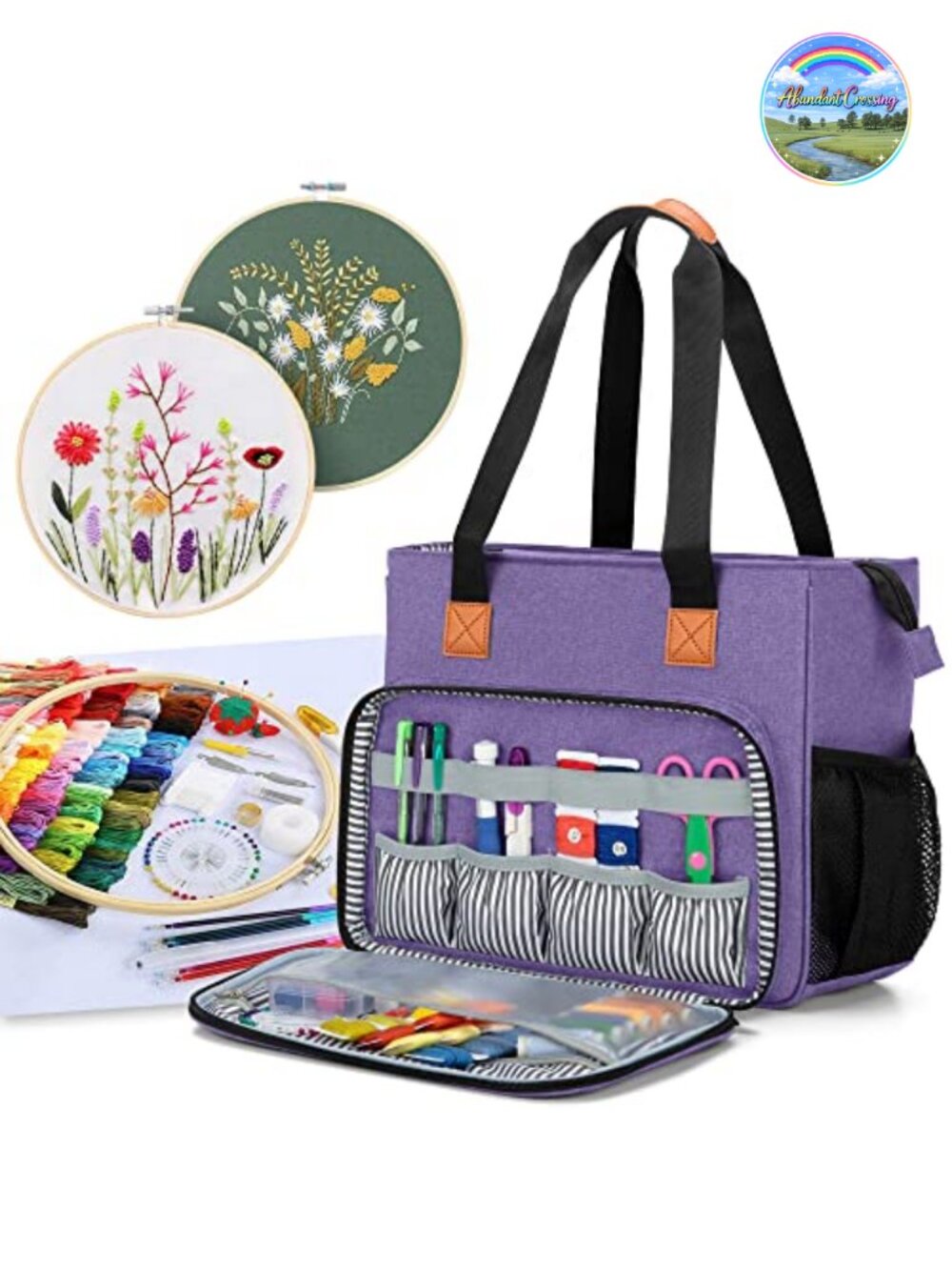Embroidery Project Carrying Bag Heavy-Duty Nylon Storage Tote with Pockets